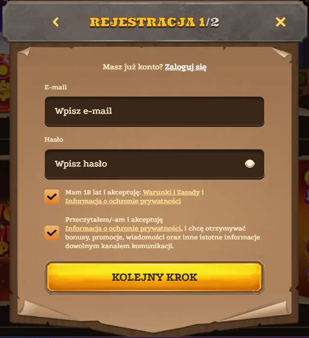 Pierwszy krok rejestracji w kasynie Lizaro z polami adresu e-mail i hasła